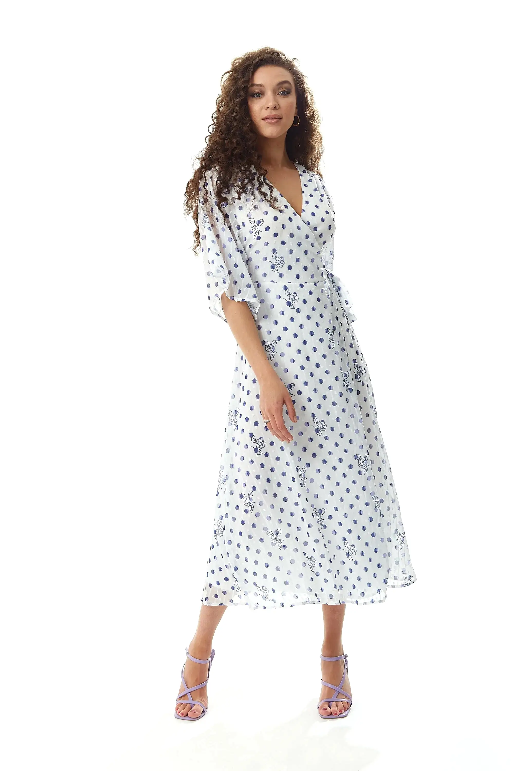 Liquorish Floral Polka Dot Print Midi Wrap Dress White