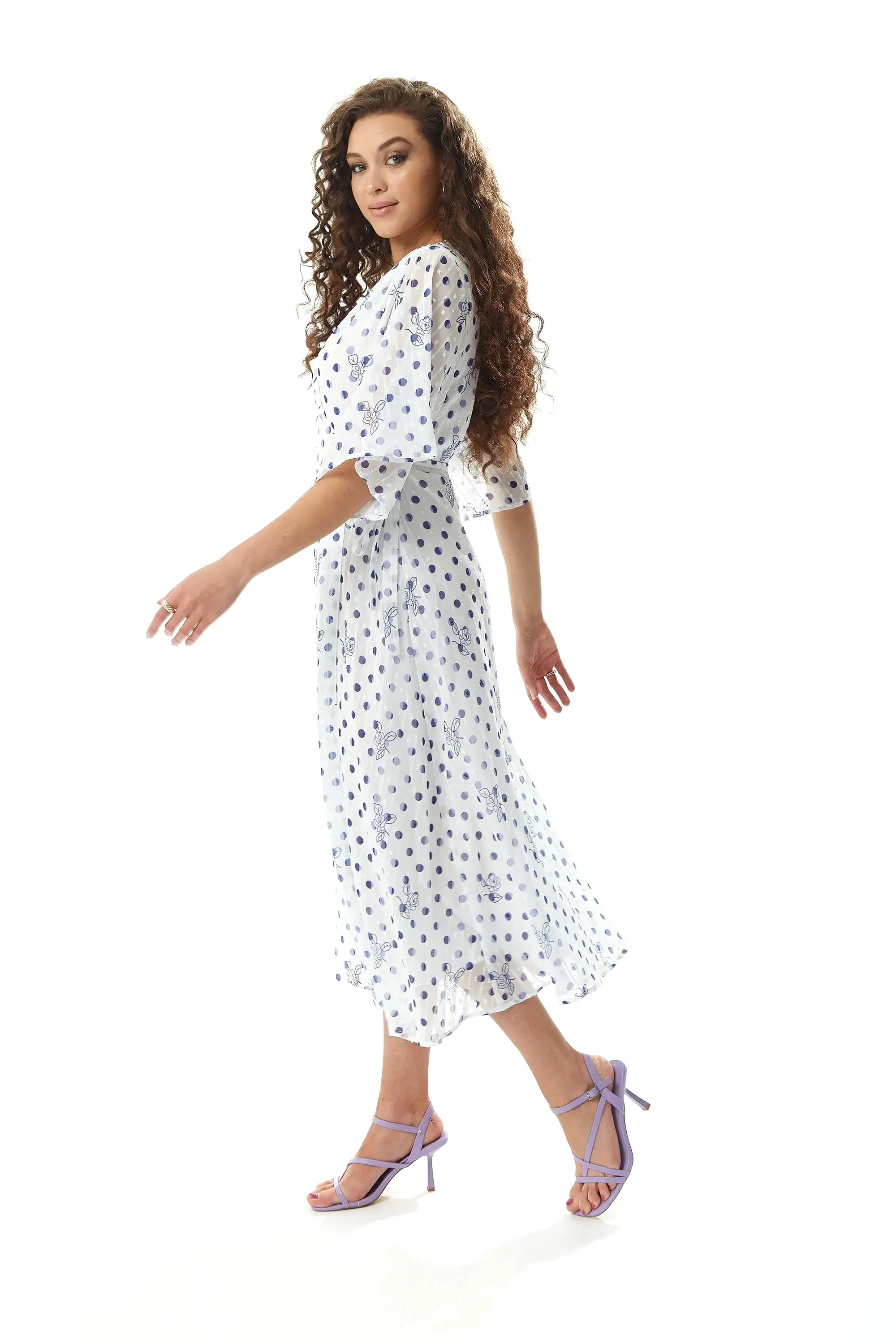 Liquorish Floral Polka Dot Print Midi Wrap Dress White