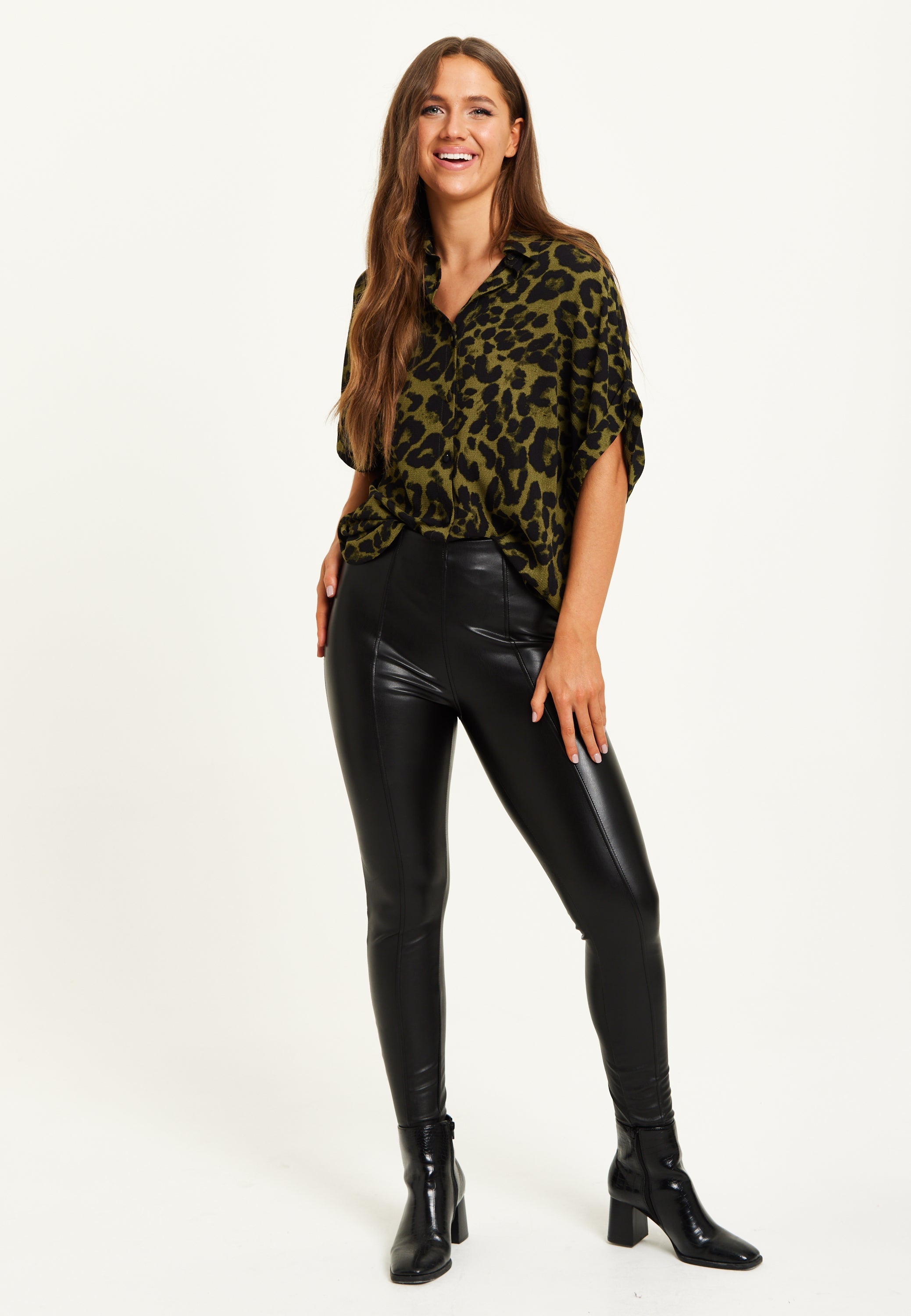 Liquorish Khaki Animal Print Shirt With Short Sleeves