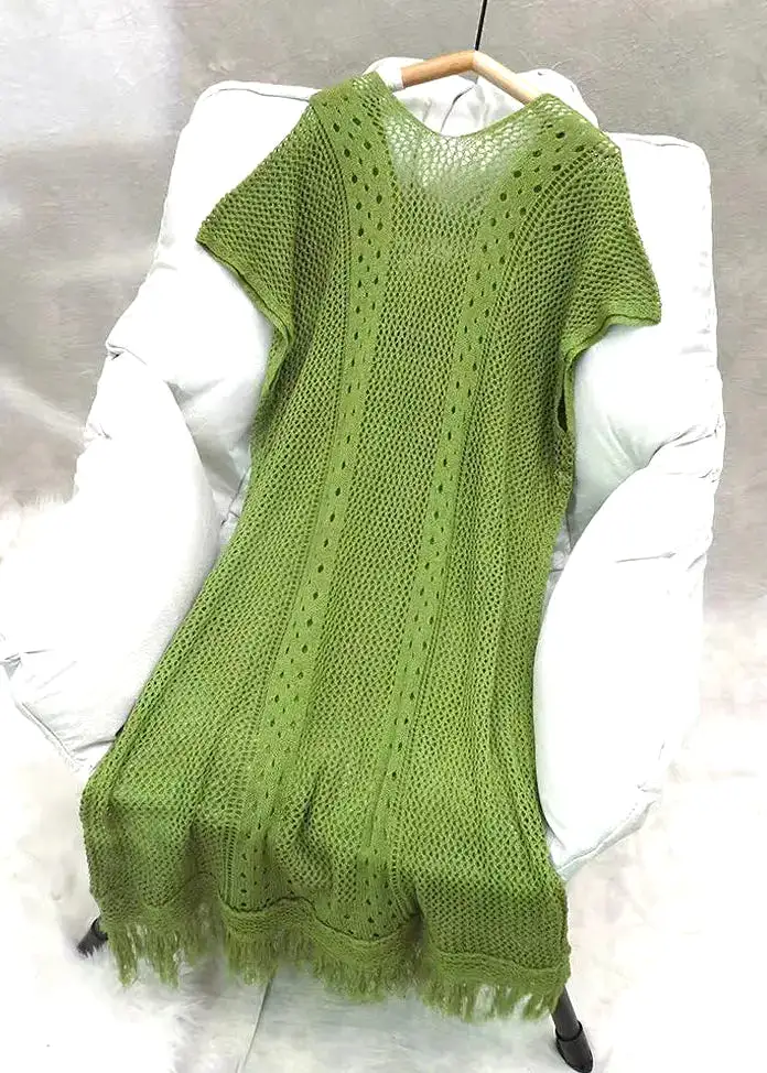 Loose Green V Neck Tasseled Hollow Out Knit Dress Summer HA1001