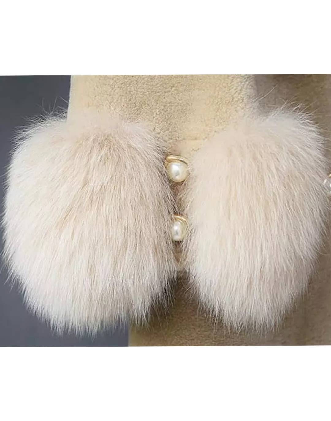 Loose Wool Coat With Fur And Pearl Trims