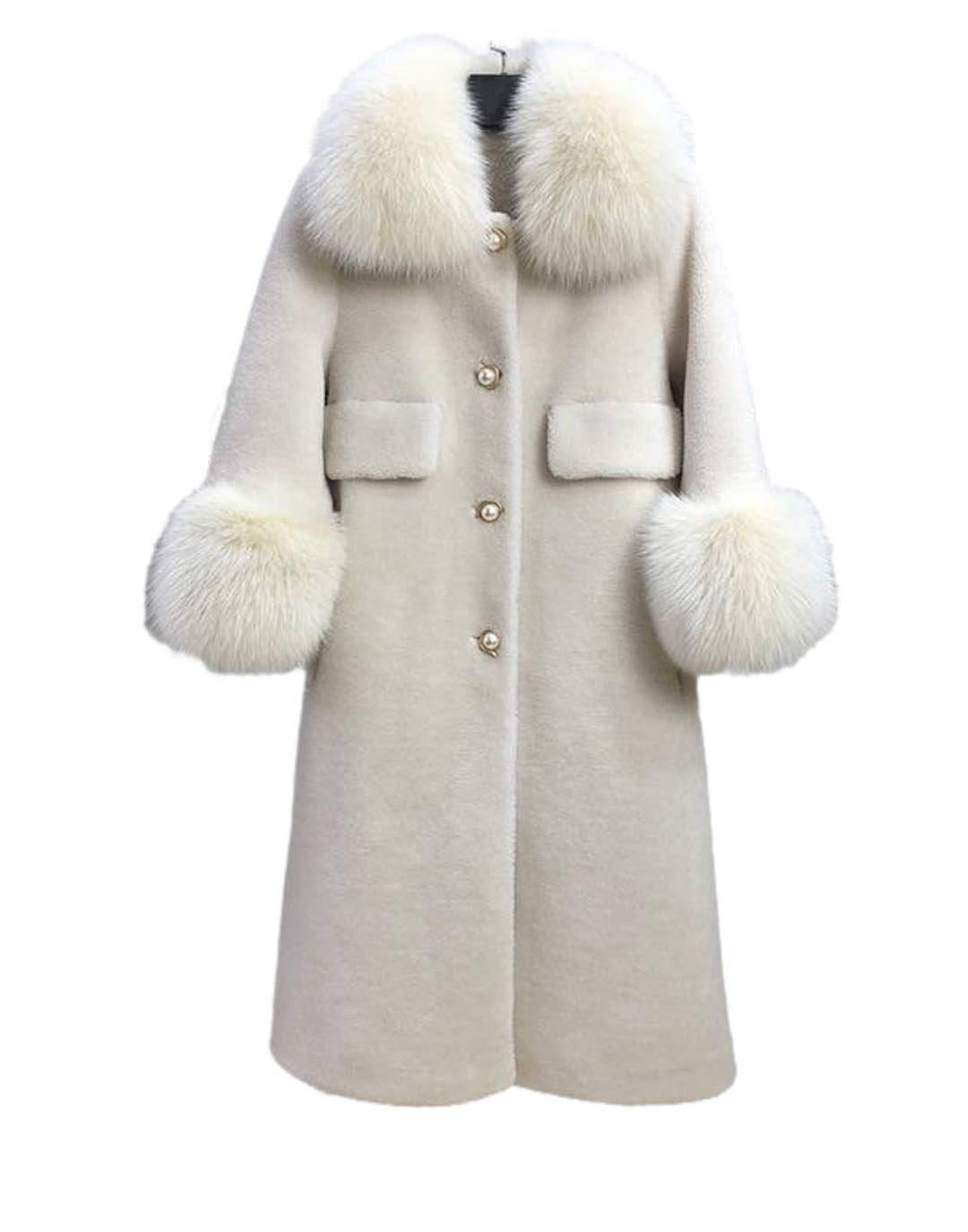 Loose Wool Coat With Fur And Pearl Trims