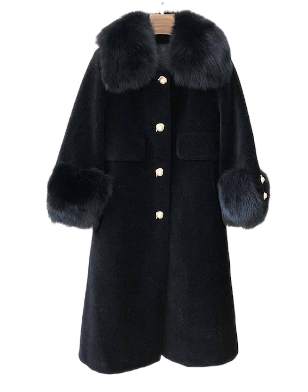 Loose Wool Coat With Fur And Pearl Trims