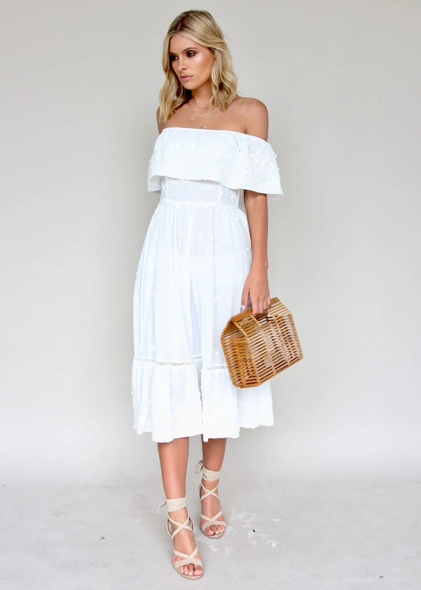 Maria Midi Dress - White Embroidered