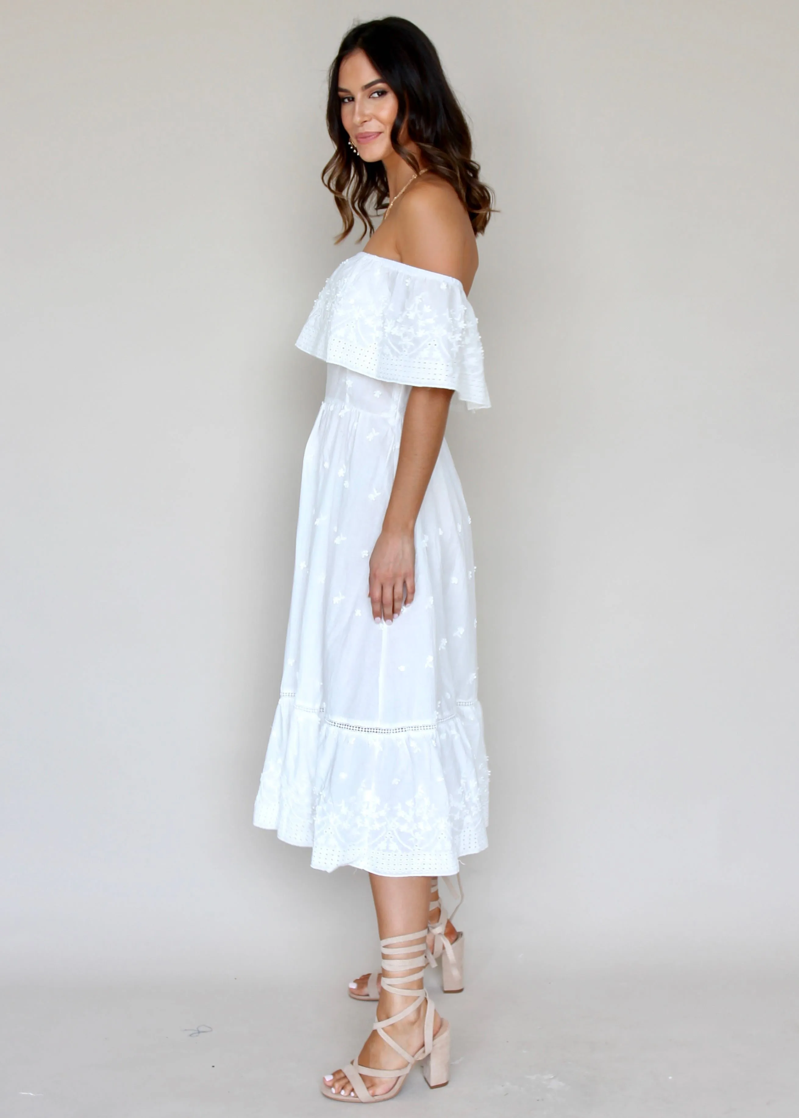 Maria Midi Dress - White Embroidered