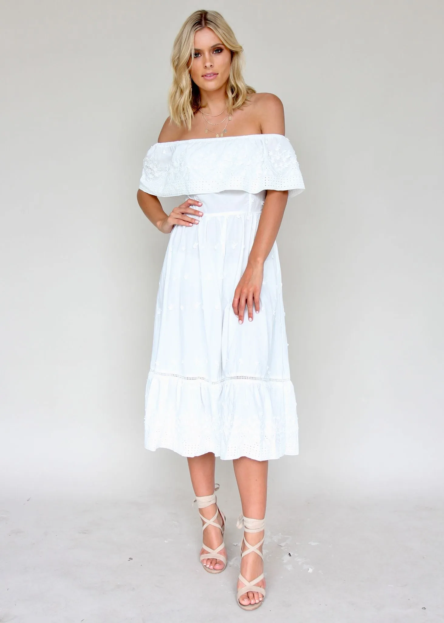 Maria Midi Dress - White Embroidered