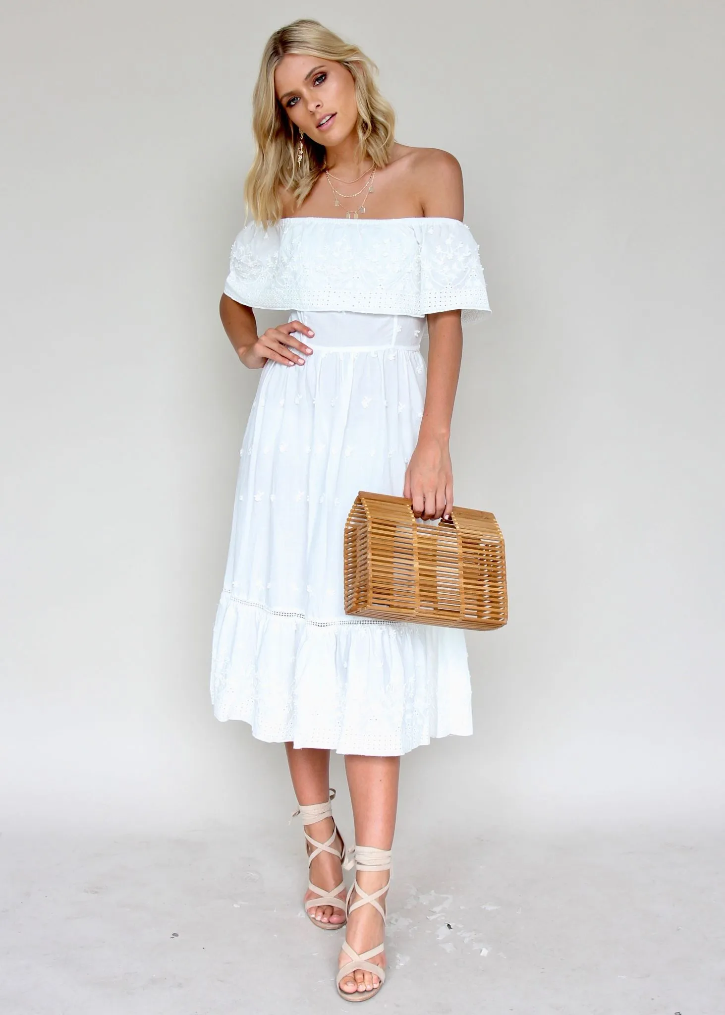 Maria Midi Dress - White Embroidered