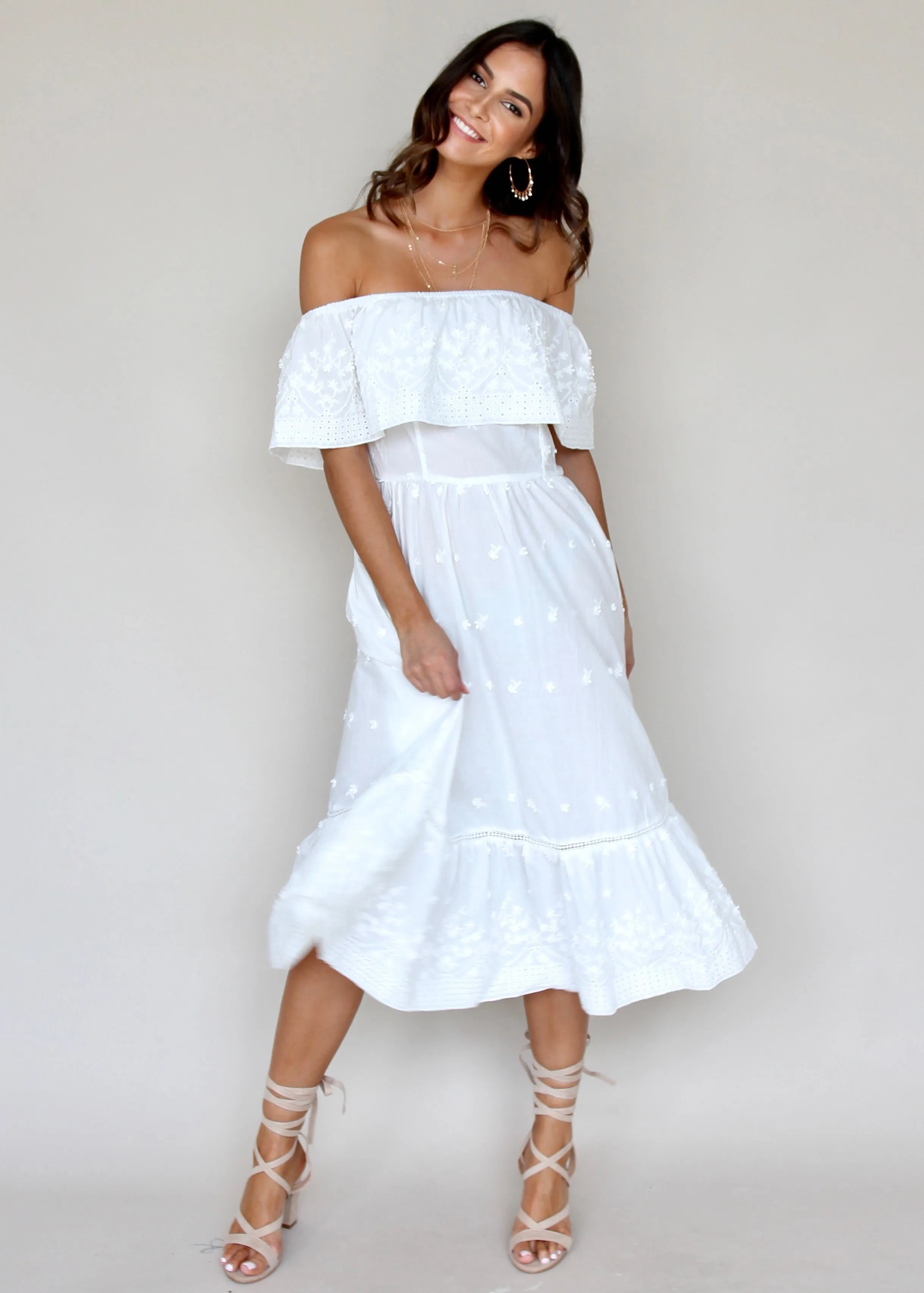 Maria Midi Dress - White Embroidered