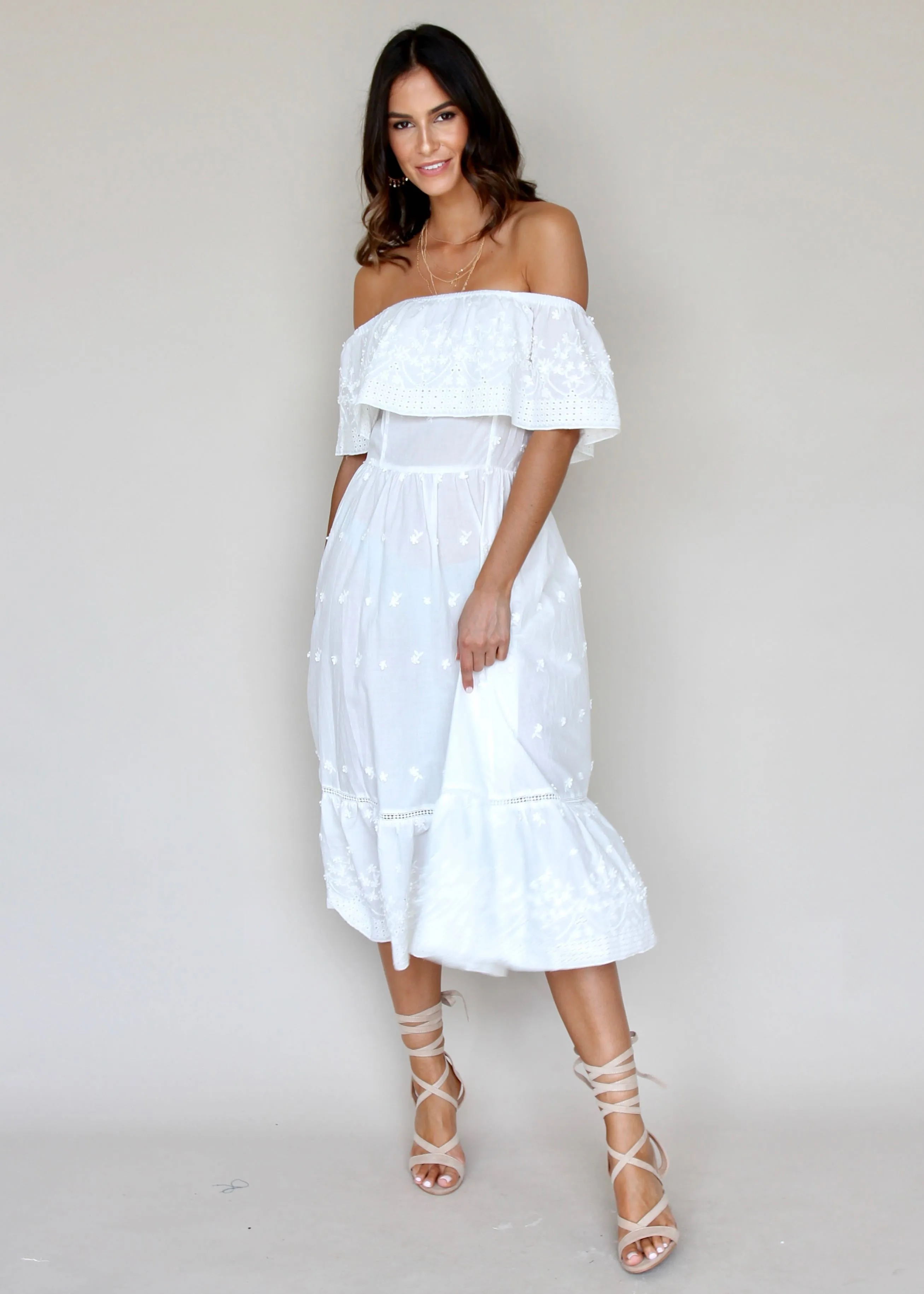 Maria Midi Dress - White Embroidered