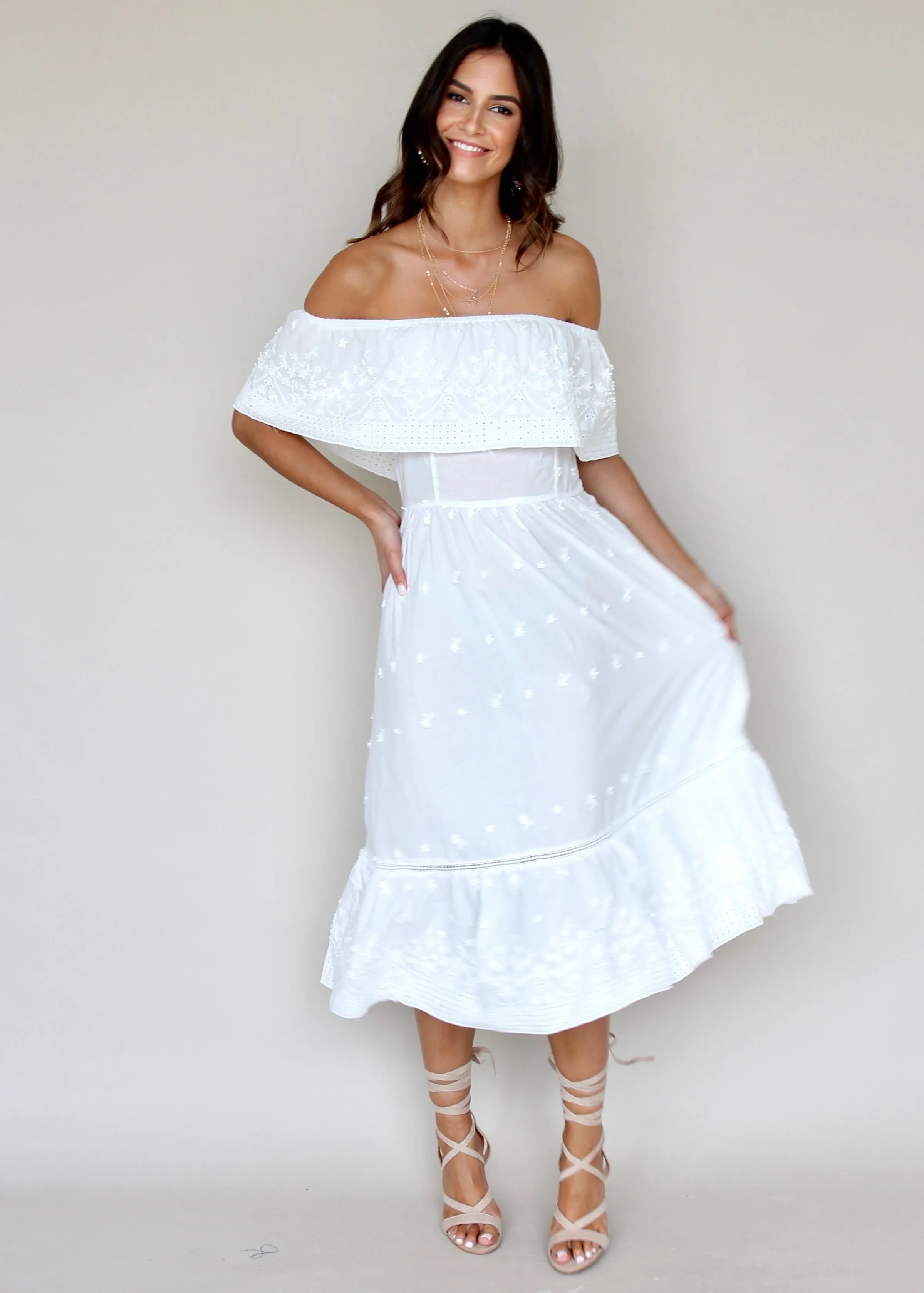 Maria Midi Dress - White Embroidered