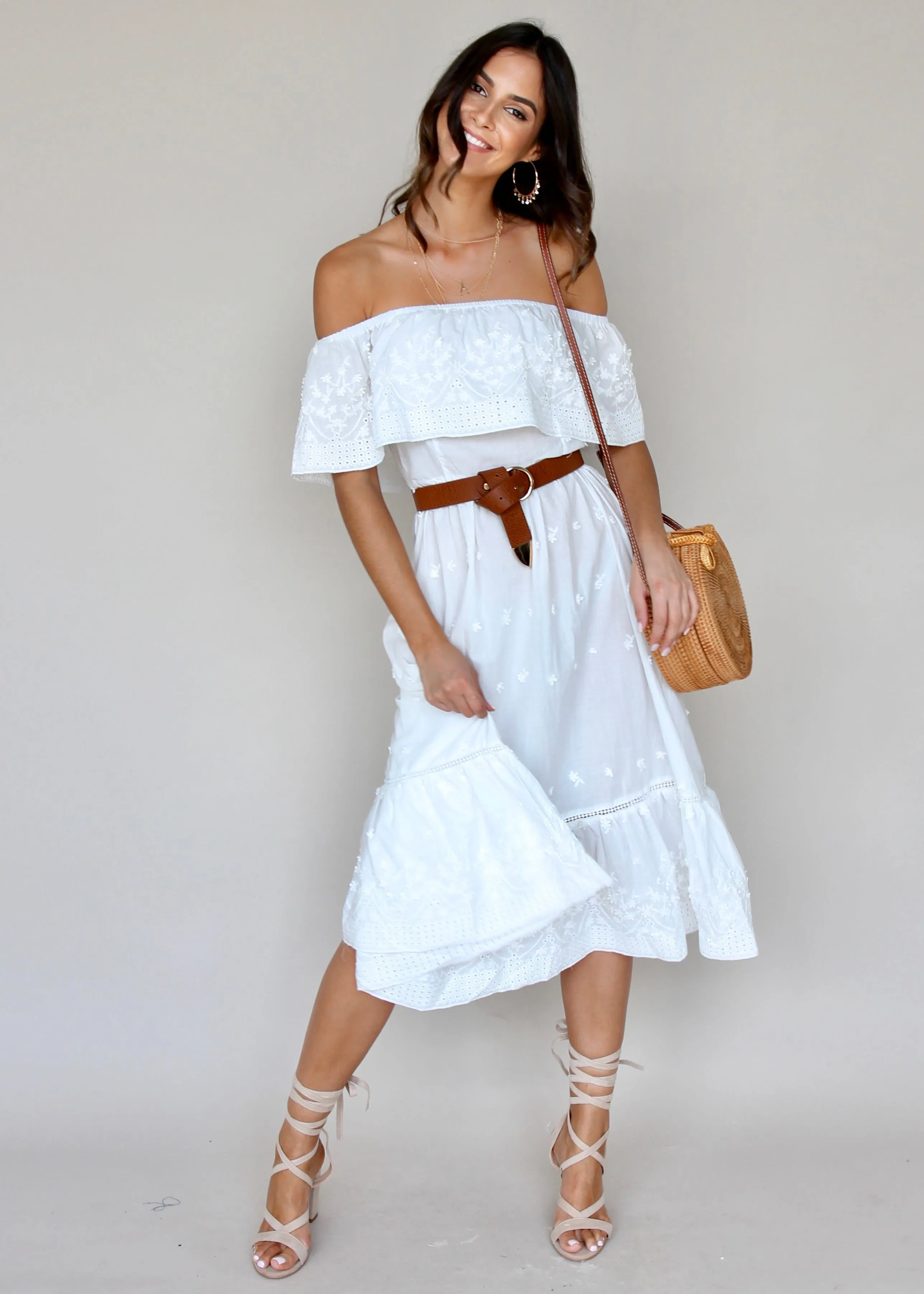 Maria Midi Dress - White Embroidered