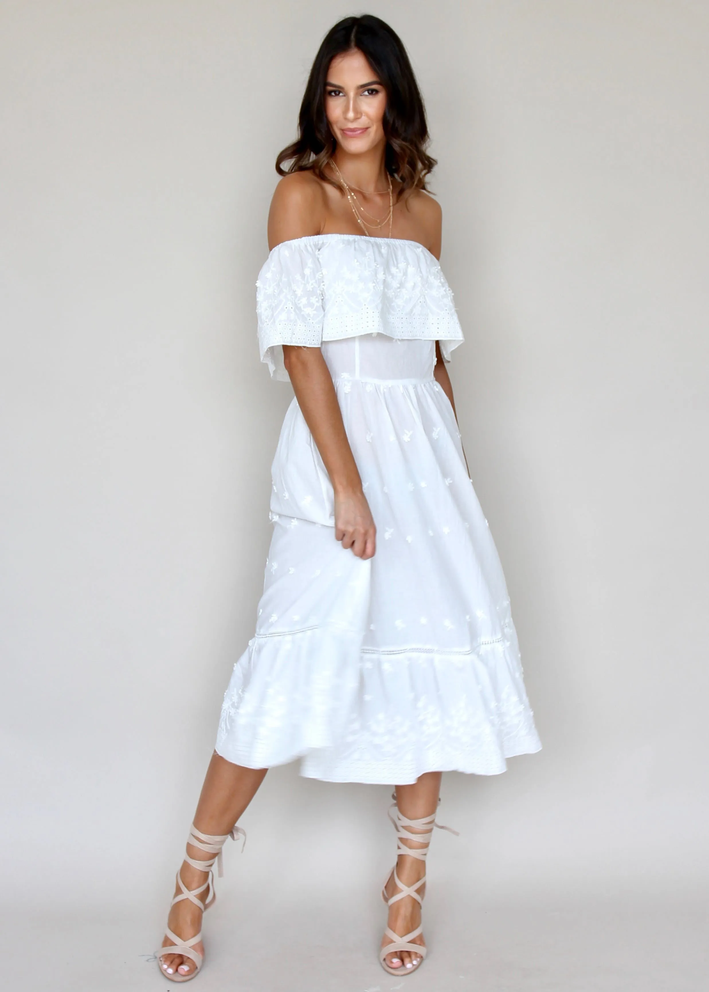 Maria Midi Dress - White Embroidered