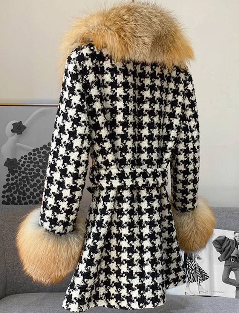 Midi Length Houndstooth Red Fox Fur Trim Belted Wool Jacket