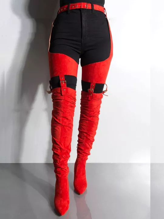 Mustard Red Suede Belt Thigh High Boots