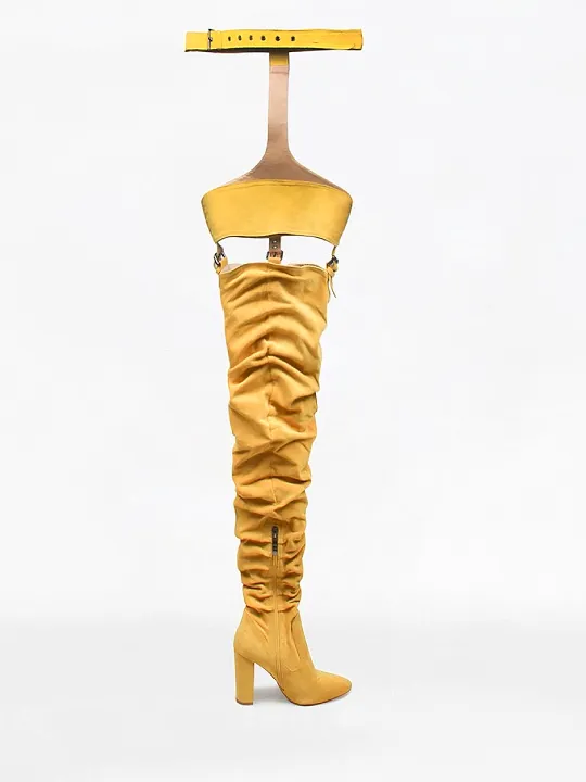 Mustard Yellow Suede Belt Thigh High Boots