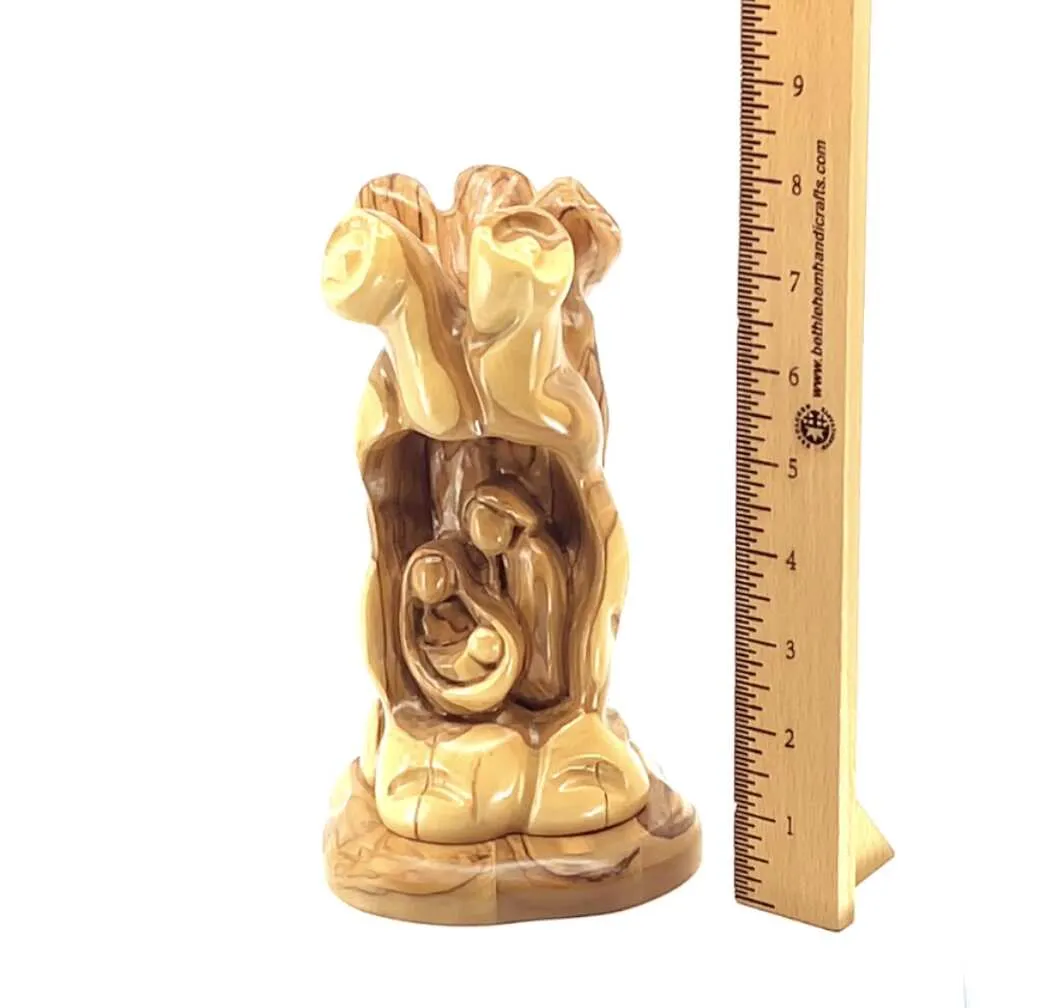 Nativity Scene Sculpture in Natural Olive Wood, 7.7 Unique Manger with The Holy Family Carving