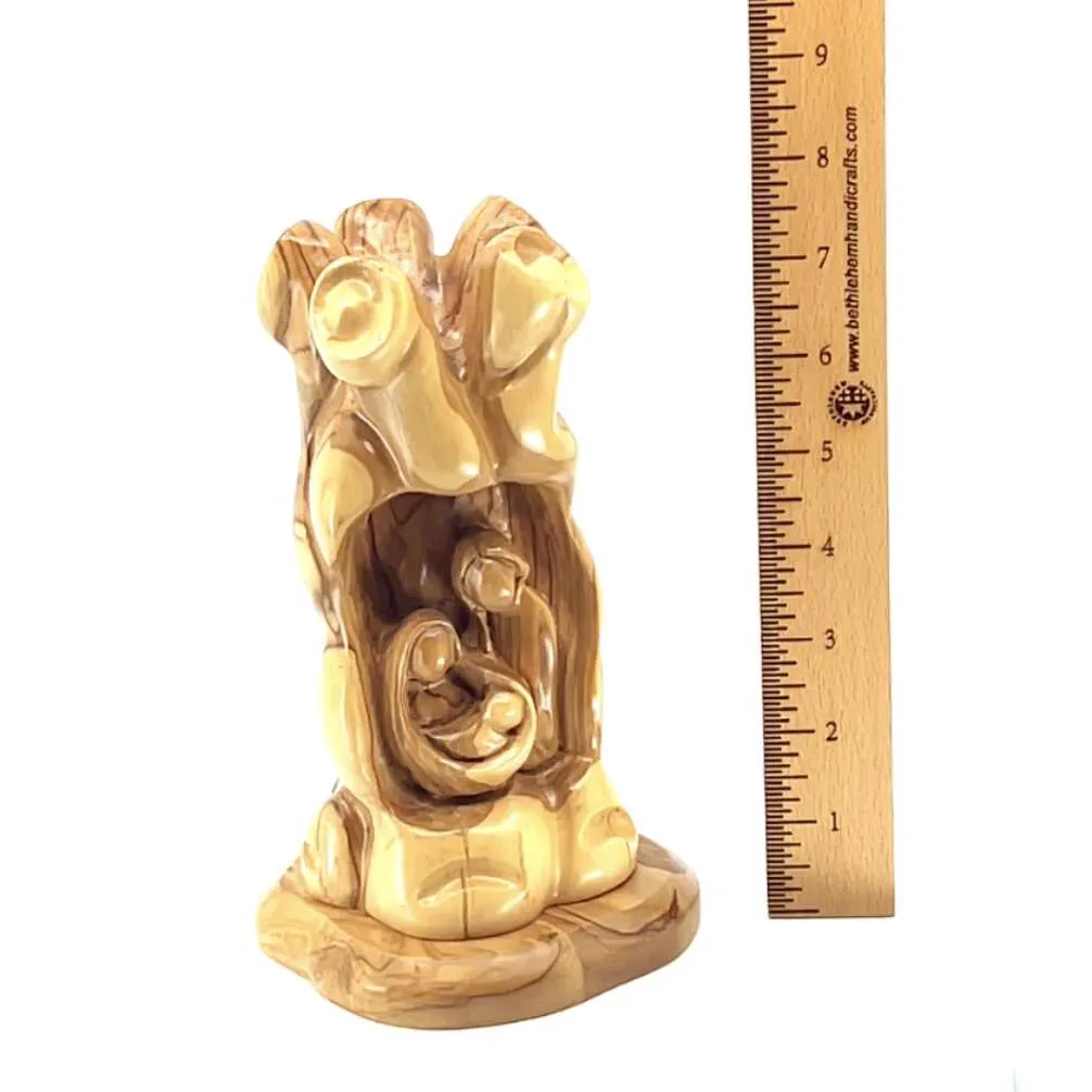 Nativity Scene Sculpture in Natural Olive Wood, 7.7 Unique Manger with The Holy Family Carving