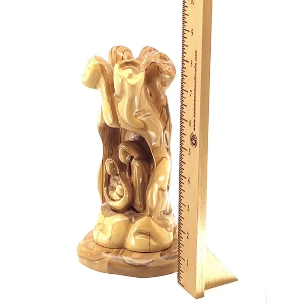 Nativity Scene Sculpture in Natural Olive Wood, 7.7 Unique Manger with The Holy Family Carving