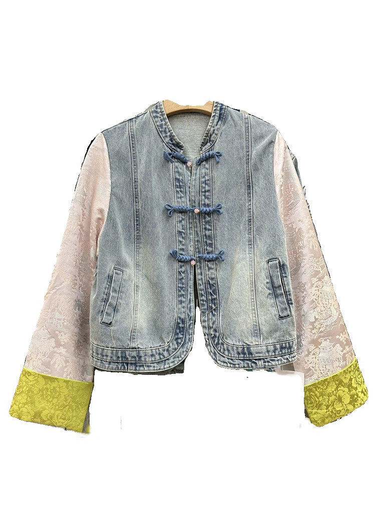 New Yellow Button Patchwork Denim Coats Long Sleeve QA1027