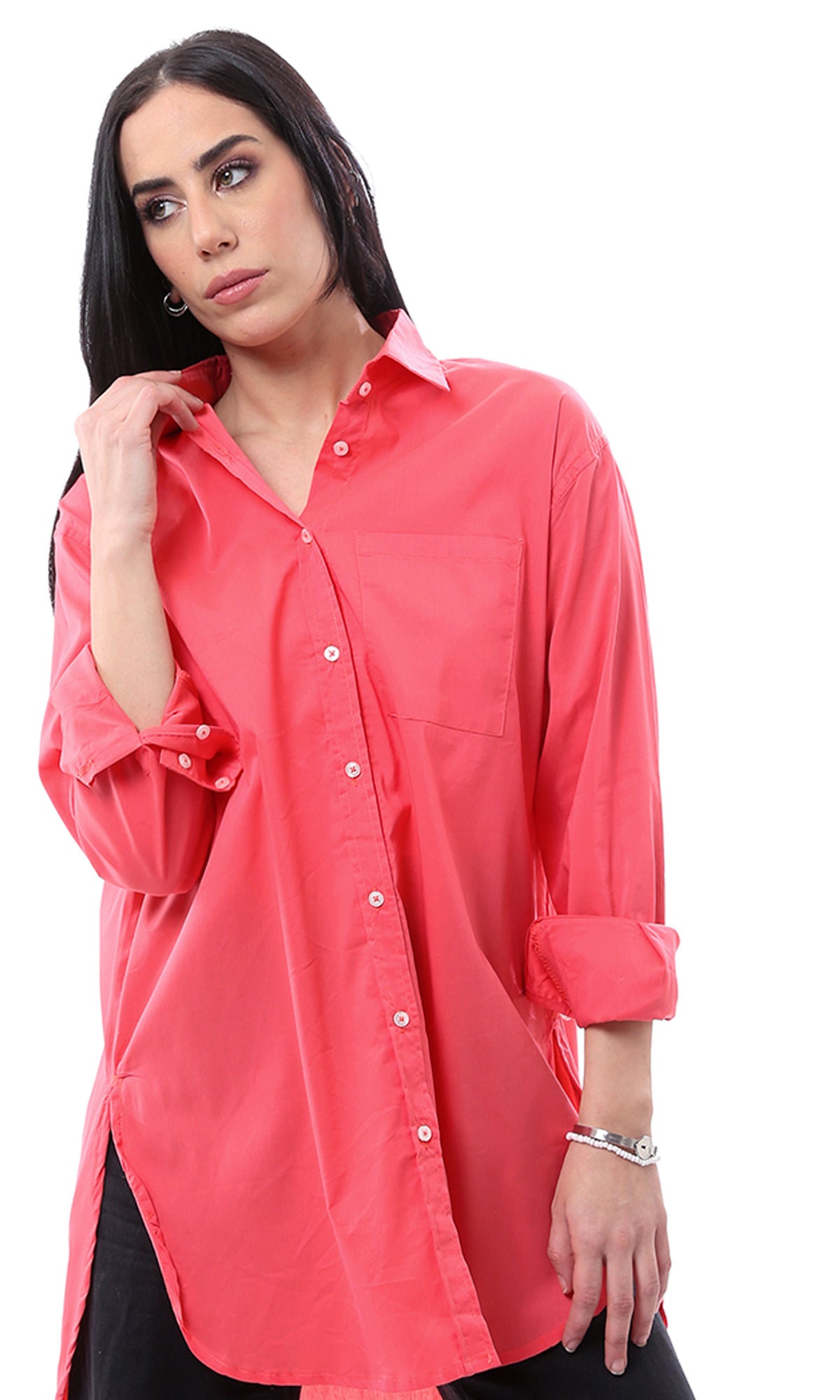 O163876 Solid Long Shirt With Patched Pocket - Coral