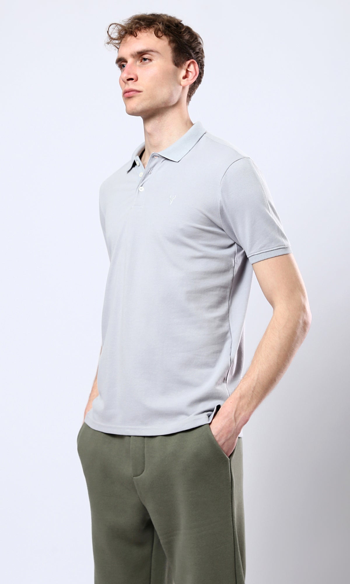 O178889 Light Grey Solid Polo Shirt With Classic Collar