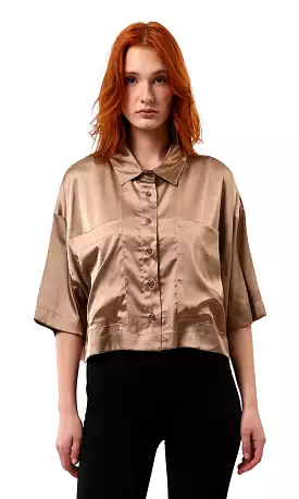 O182044 Dark Gold Shiny Evening Shirt With Front Pockets