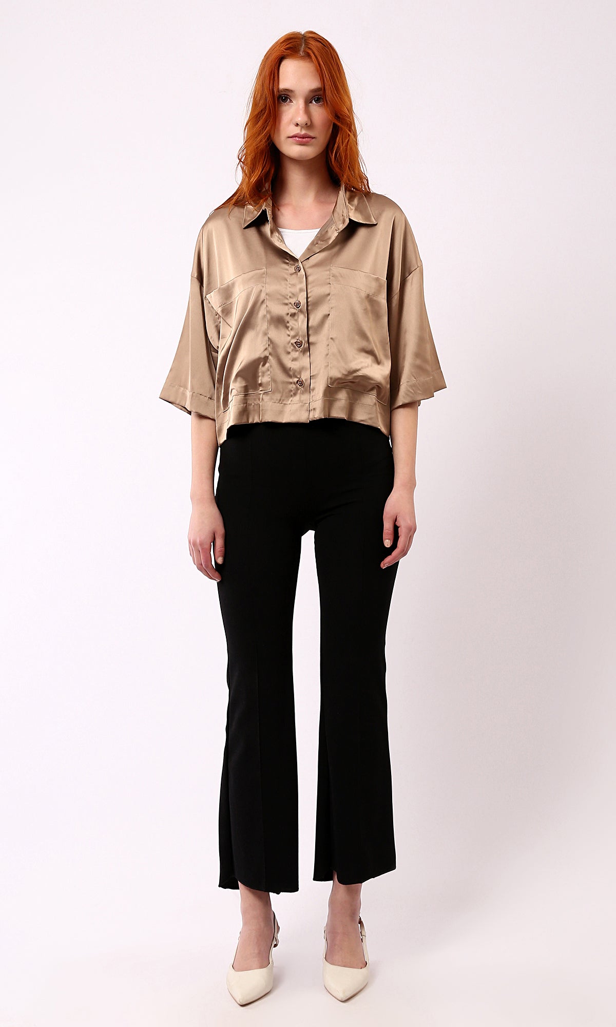 O182044 Dark Gold Shiny Evening Shirt With Front Pockets