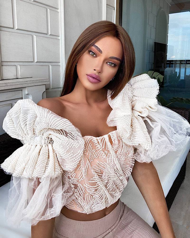 Off The Shoulder Flared Sleeve Crop Embroidery Top