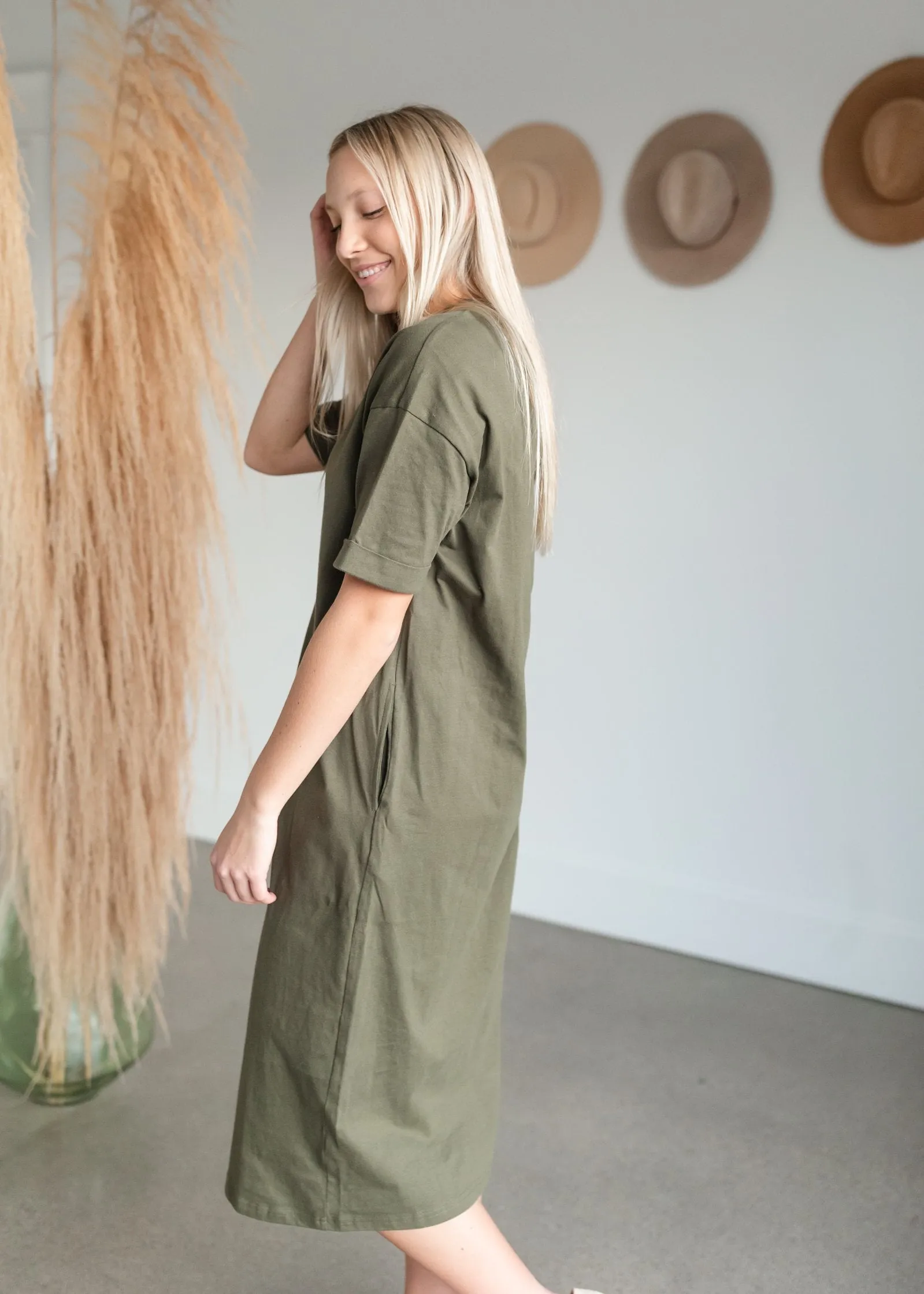 Olive Cotton Relaxed Fit Shift Dress - FINAL SALE