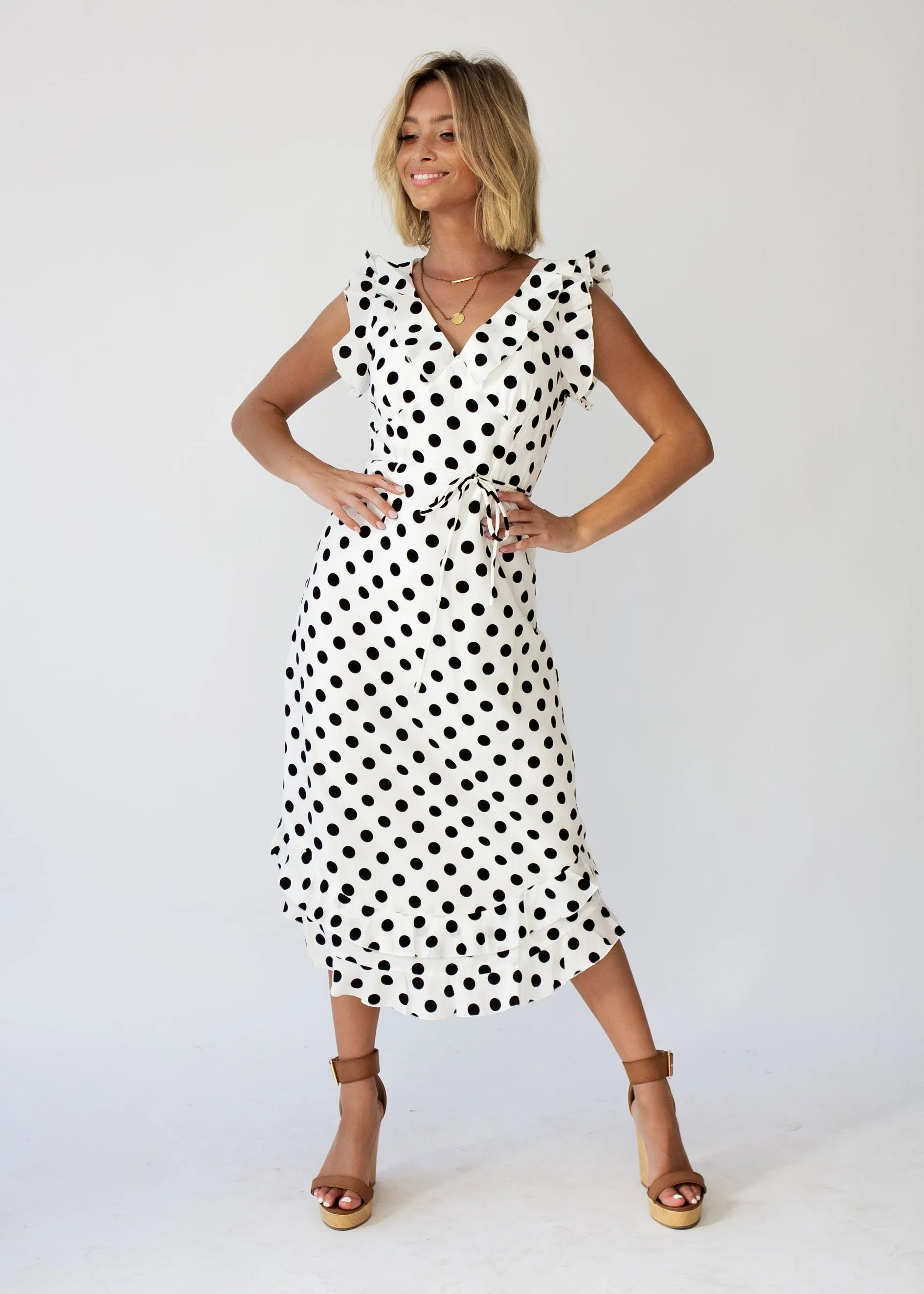 One Last Time Midi Dress - White Polka