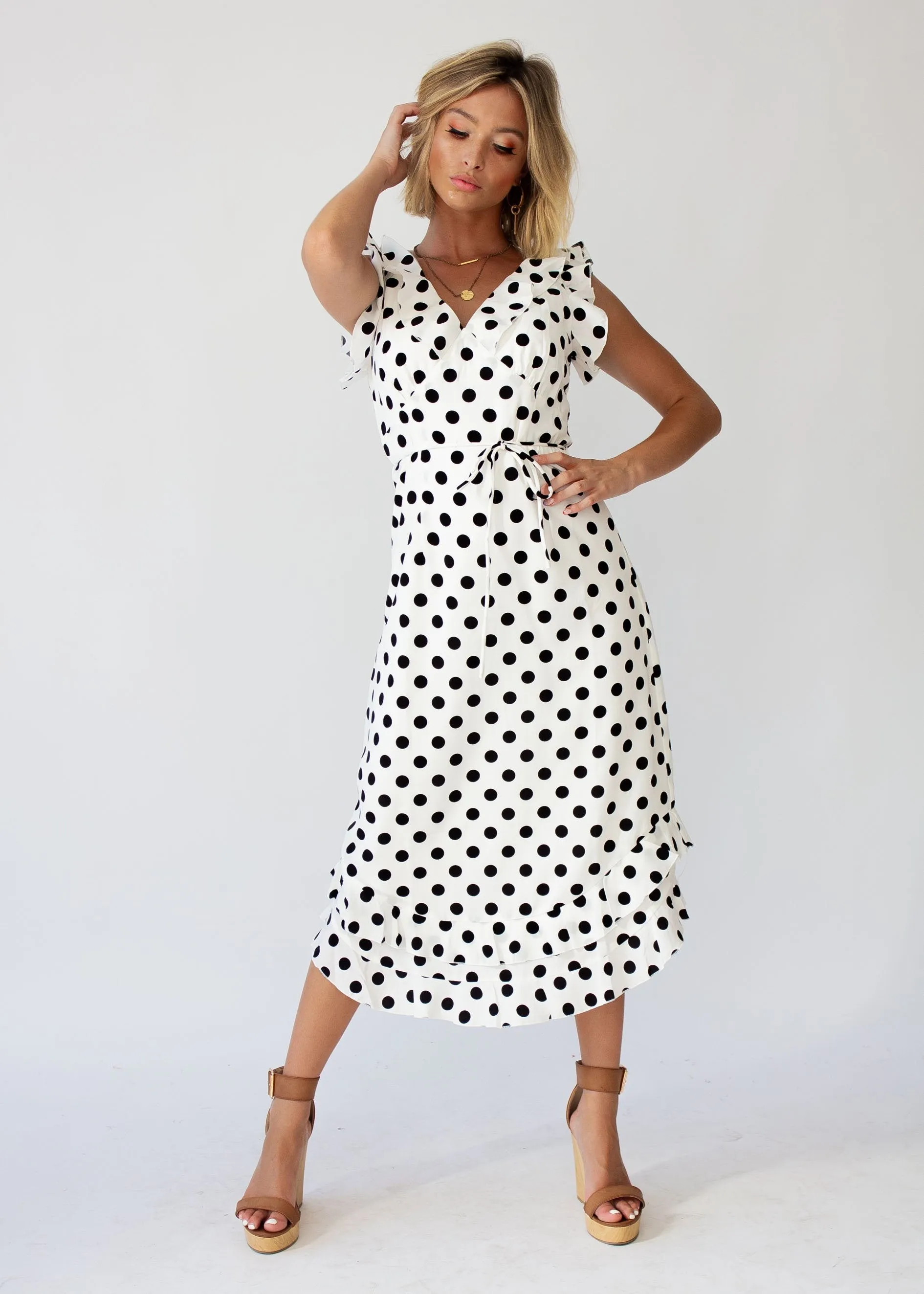 One Last Time Midi Dress - White Polka