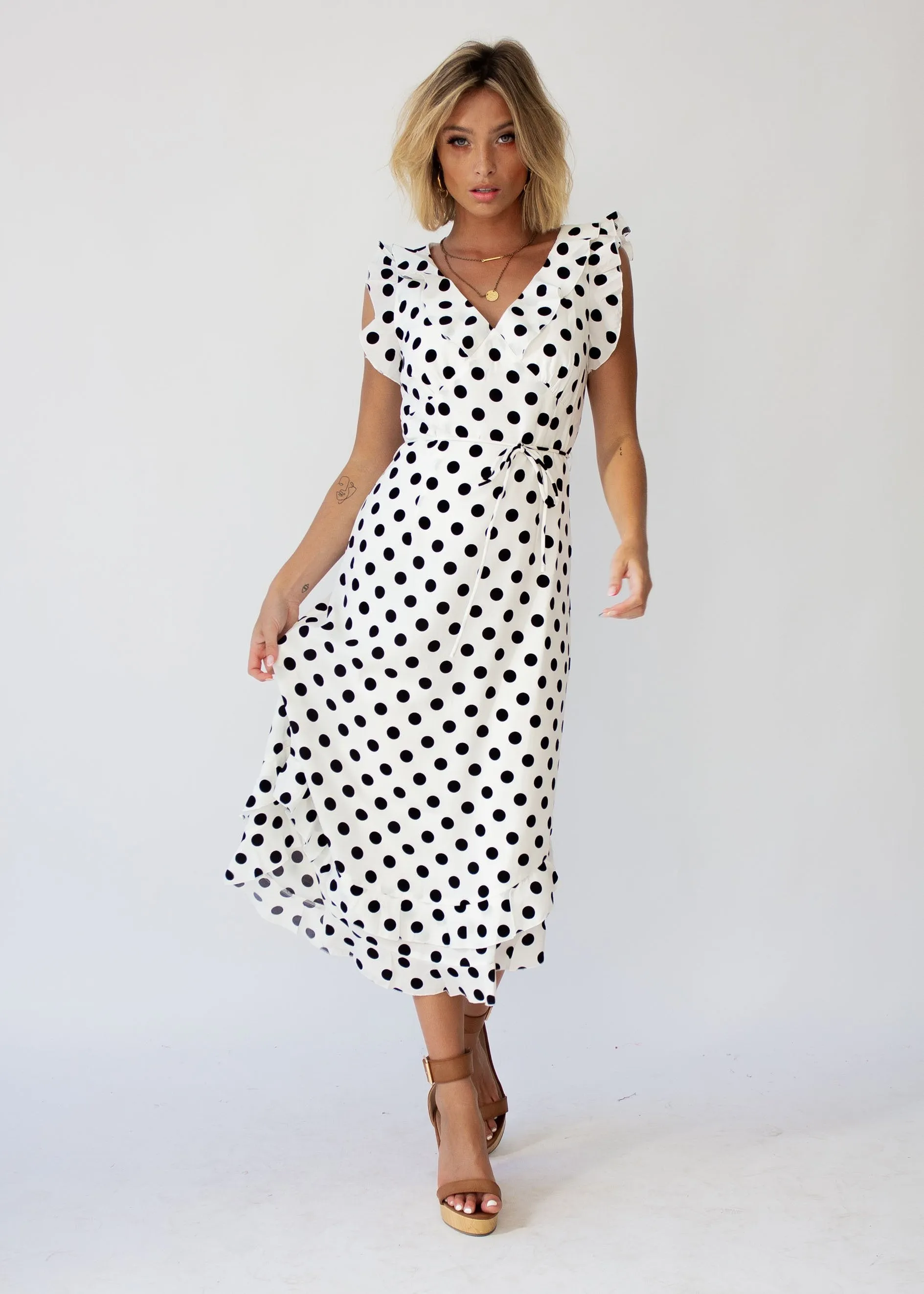 One Last Time Midi Dress - White Polka