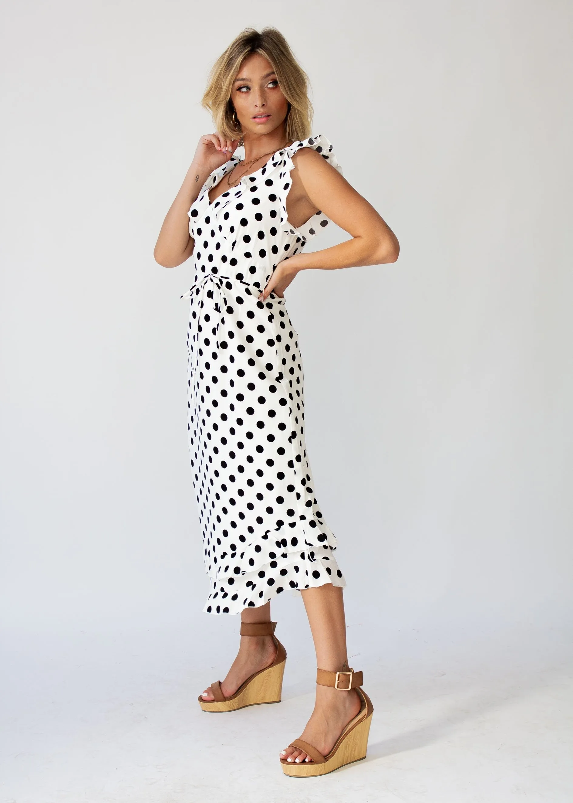 One Last Time Midi Dress - White Polka