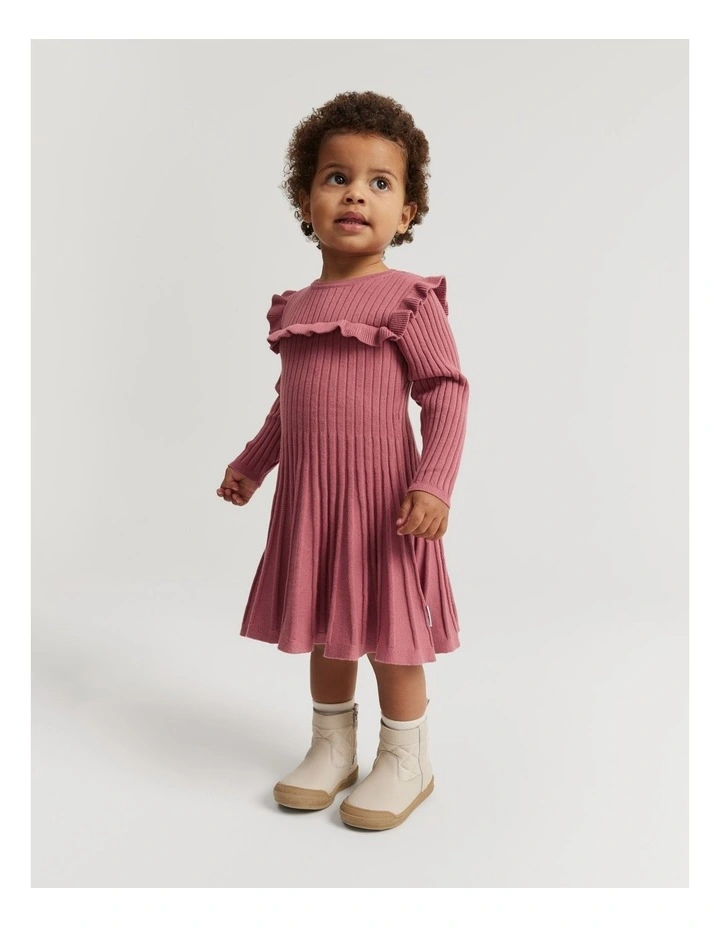 Organically Grown Cotton Blend Frill Knit Dress in Deep Rose