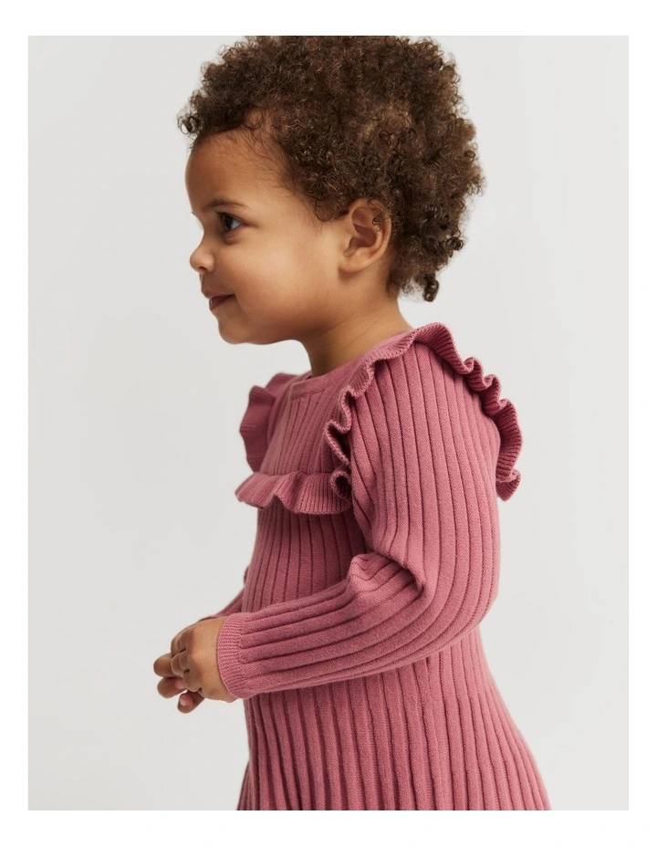 Organically Grown Cotton Blend Frill Knit Dress in Deep Rose