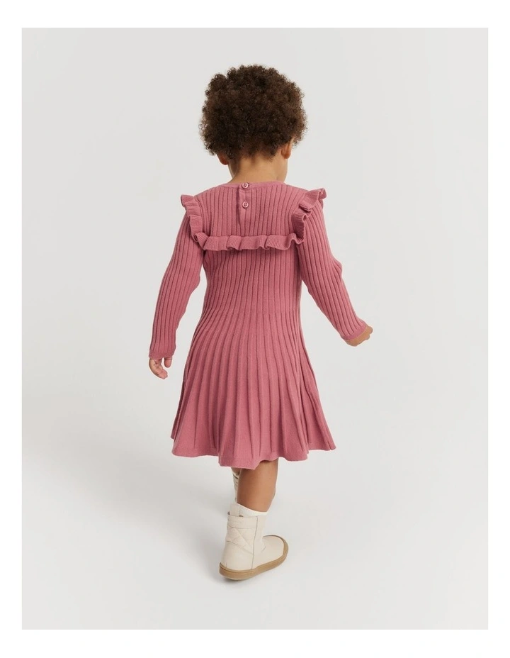 Organically Grown Cotton Blend Frill Knit Dress in Deep Rose