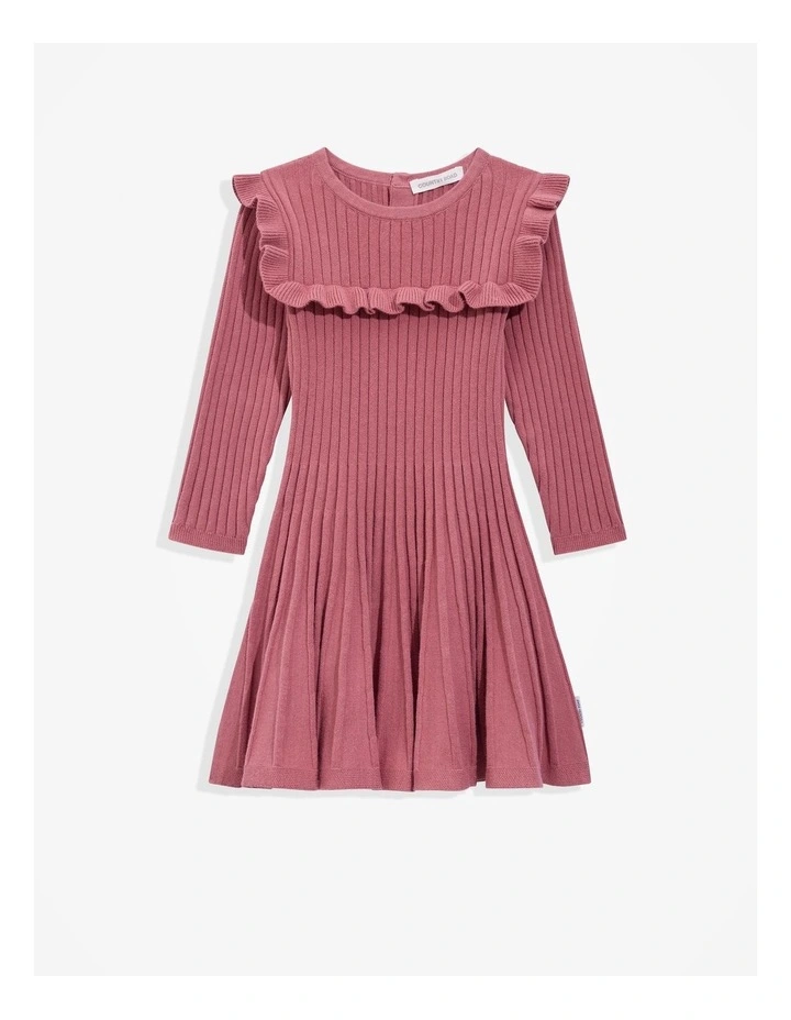 Organically Grown Cotton Blend Frill Knit Dress in Deep Rose