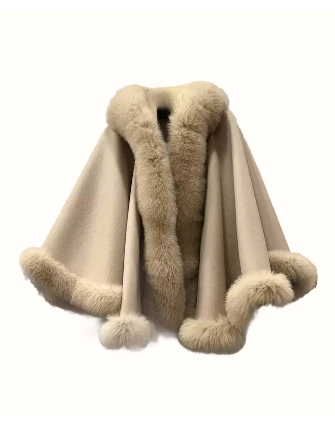 Oversized Wool Fox Fur Trim Poncho