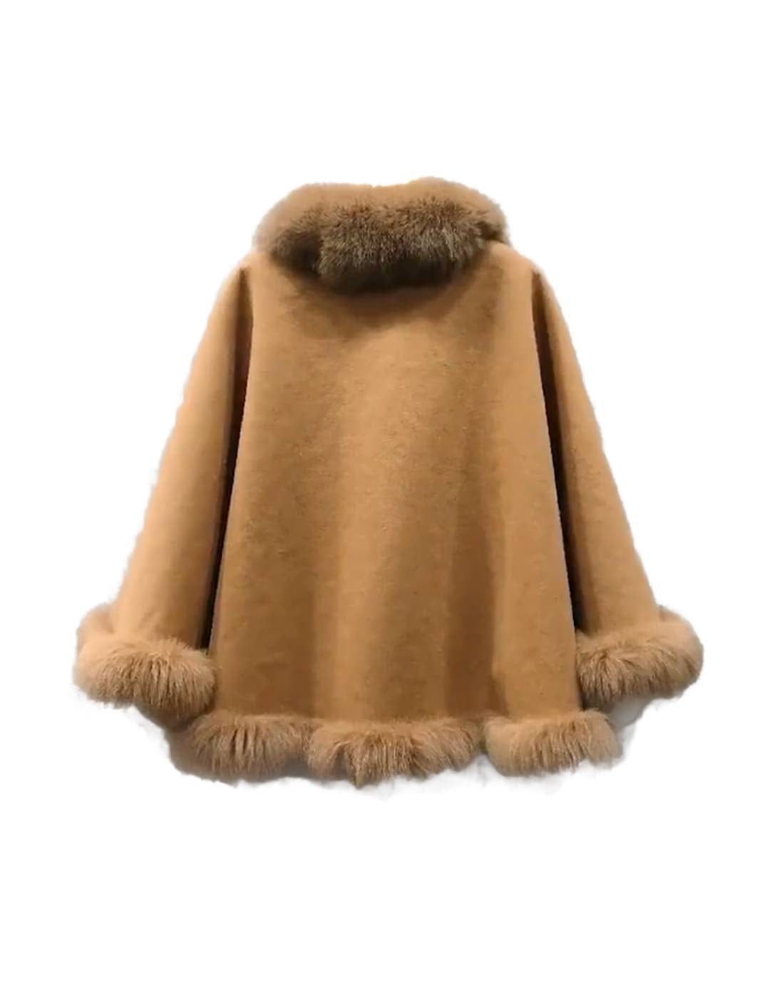 Oversized Wool Fox Fur Trim Poncho