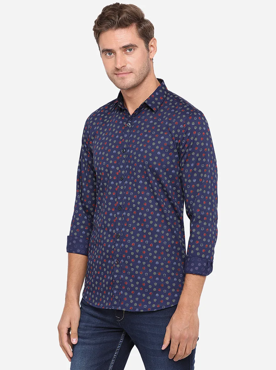 Peacoat Blue Printed Slim Fit Casual Shirt | JadeBlue