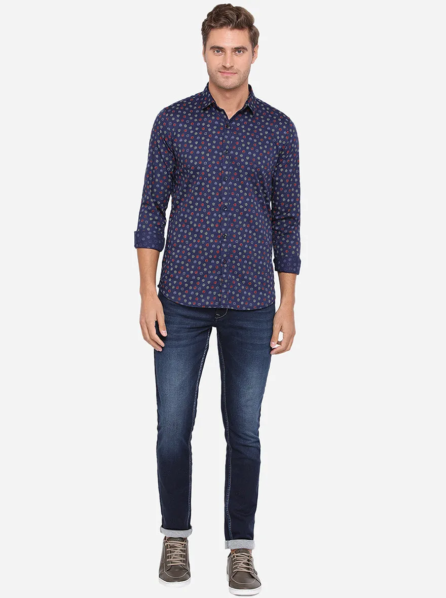 Peacoat Blue Printed Slim Fit Casual Shirt | JadeBlue