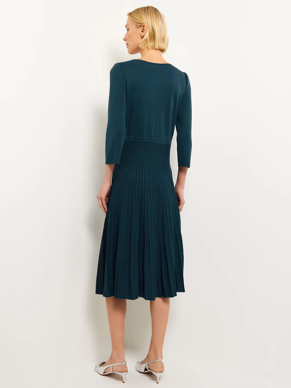 Pleated Contrast Panel Soft Knit Dress, Marine Teal & Black