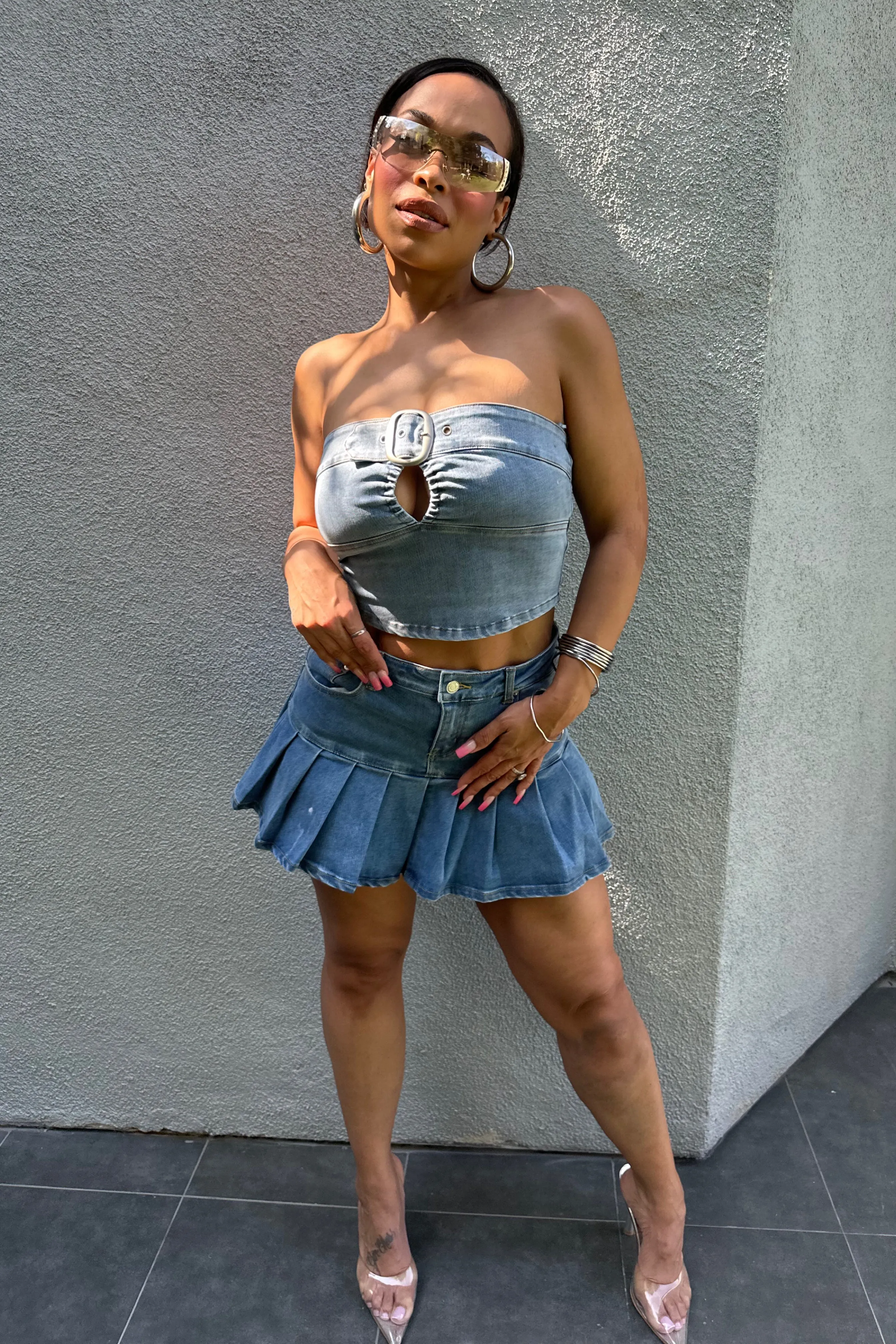 Pleated Denim Mini Skirt