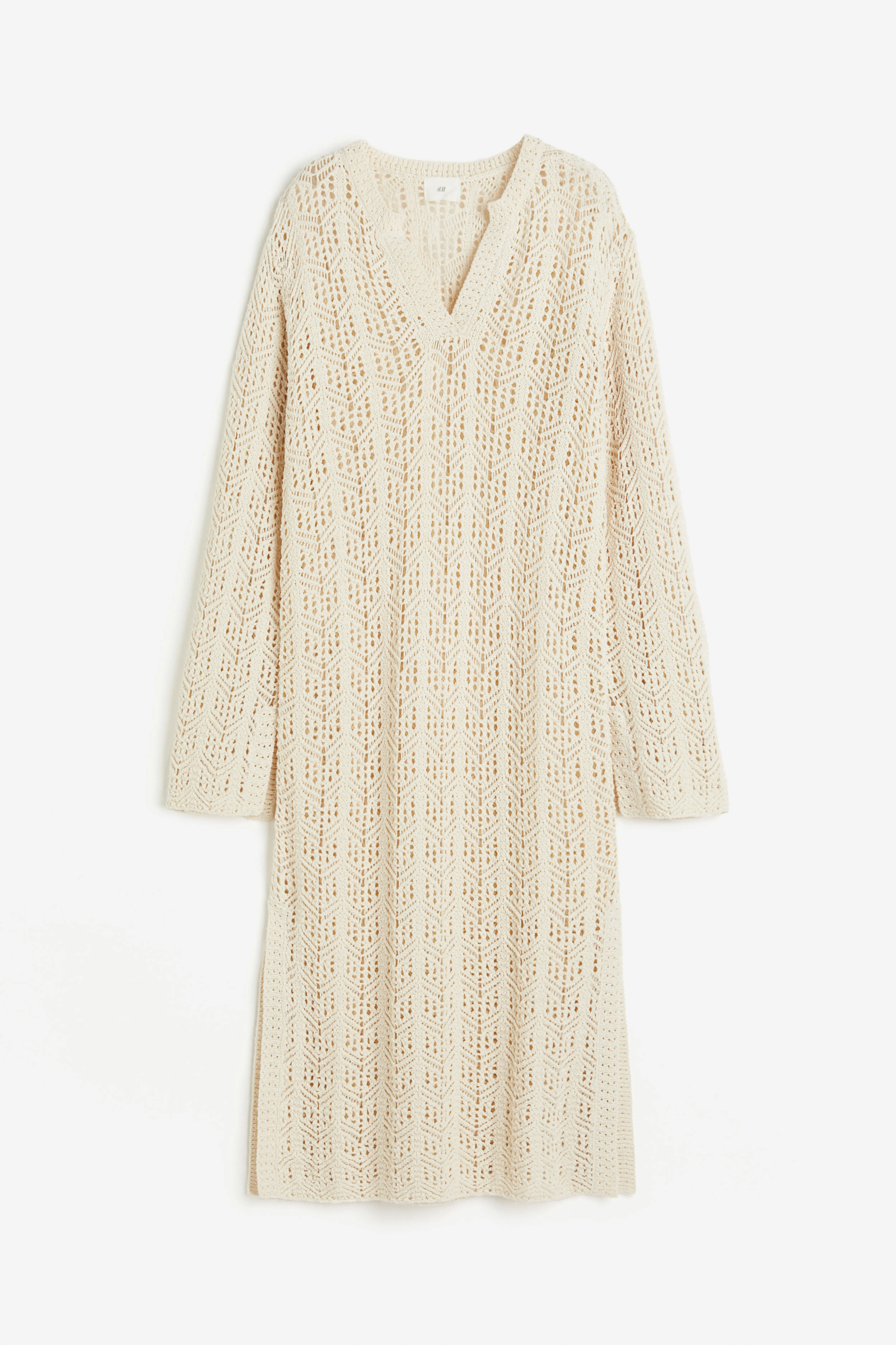 Pointelle-knit dress - V-neck - Long sleeve - Cream - Ladies | H&M GB