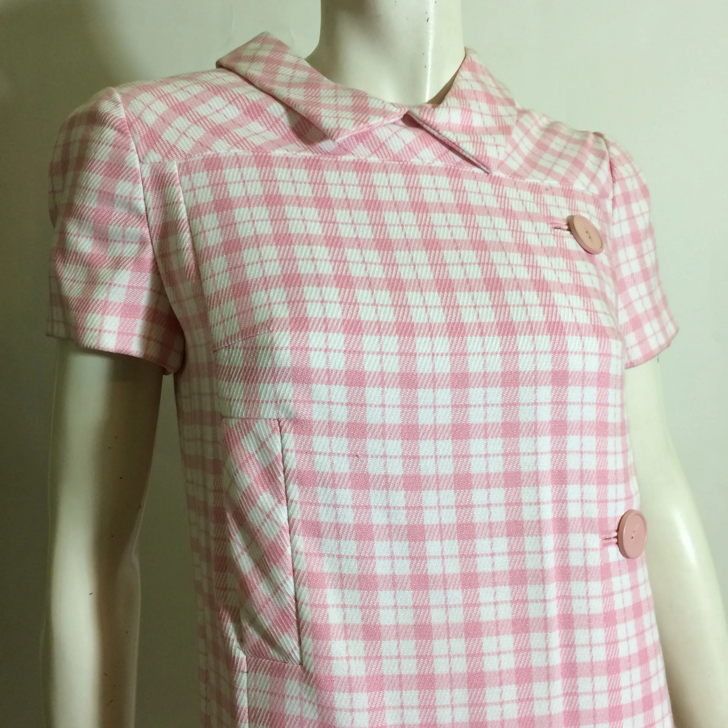 Preppy Pink Plaid Button Trimmed Shift Dress circa 1960s