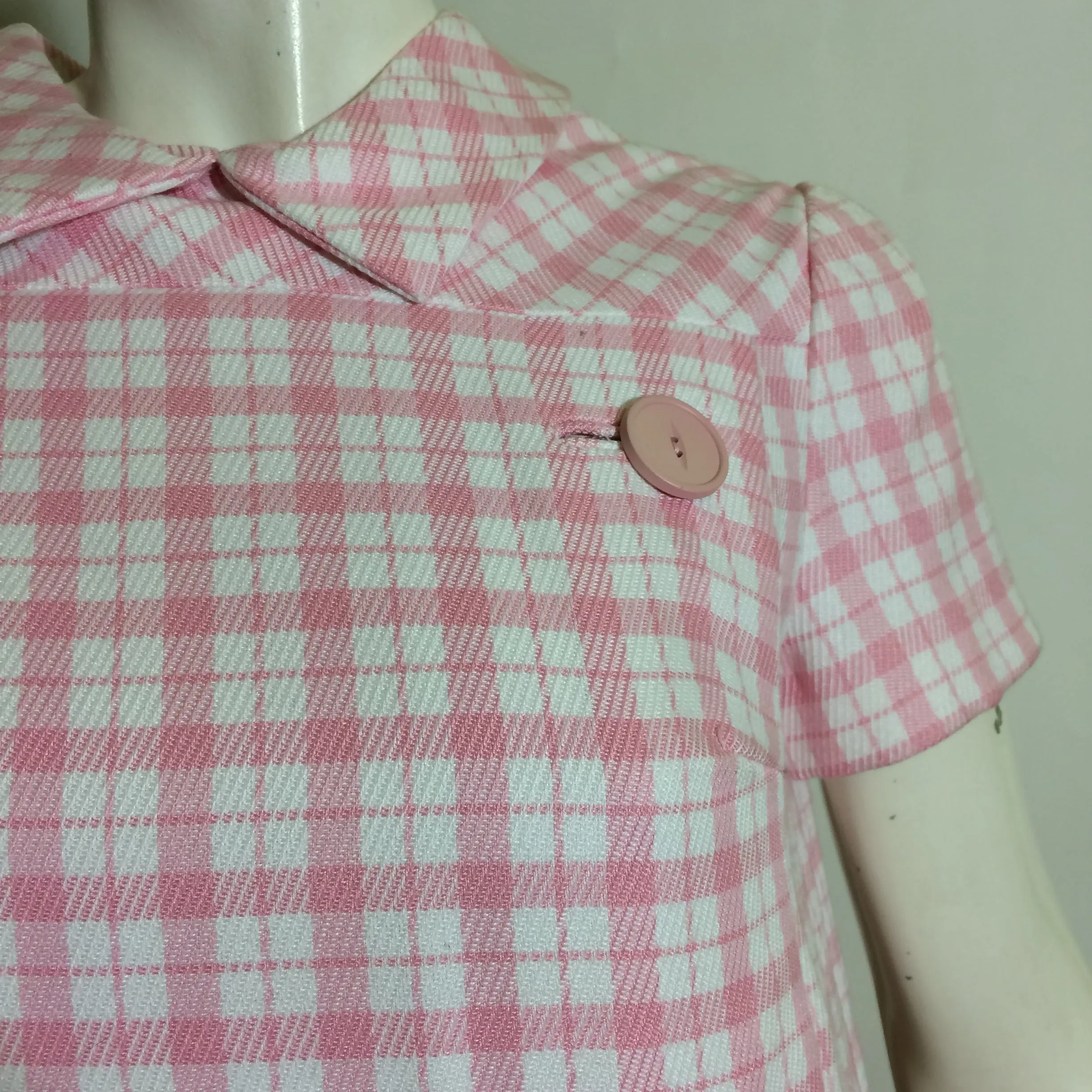 Preppy Pink Plaid Button Trimmed Shift Dress circa 1960s