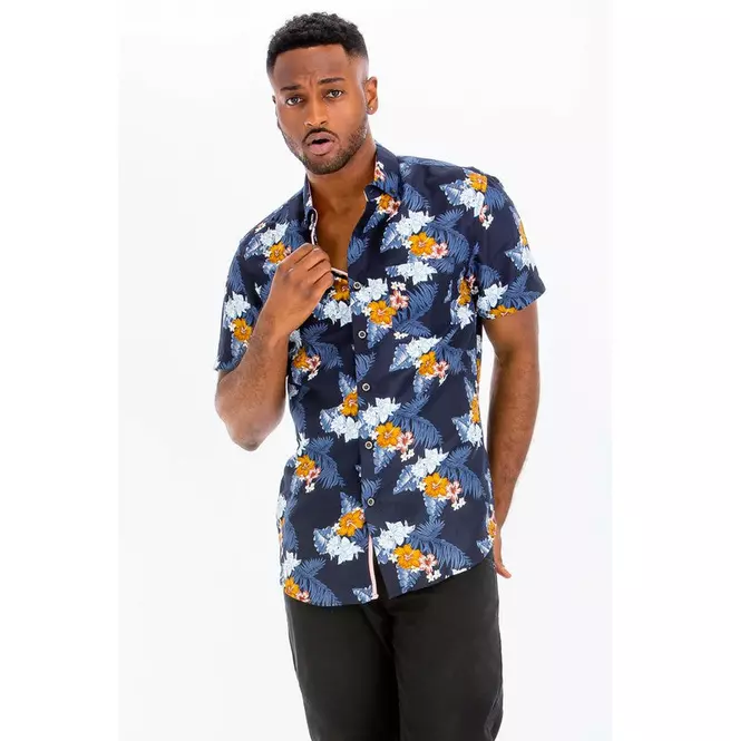 Print Hawaiian Navy Shirt