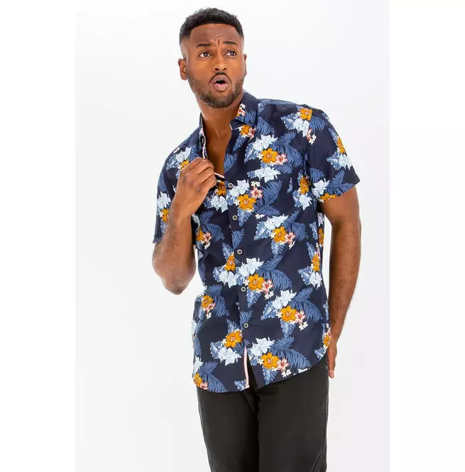 Print Hawaiian Navy Shirt