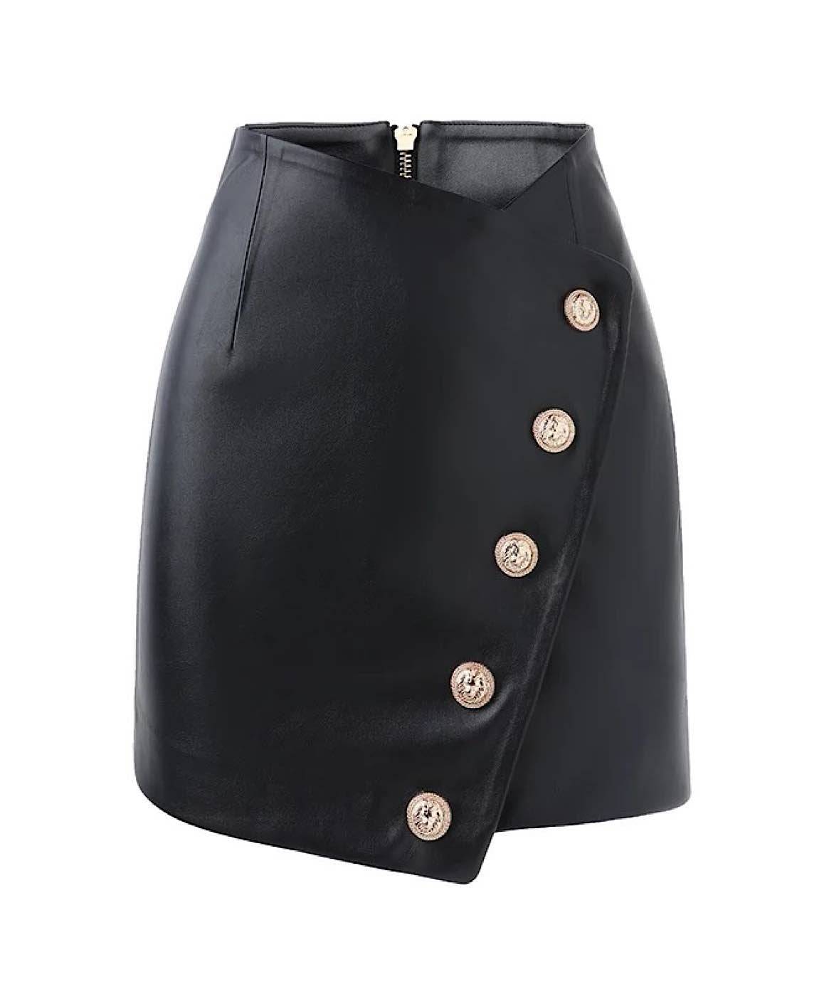 PU Leather Gold Button Mini Skirt In Yellow