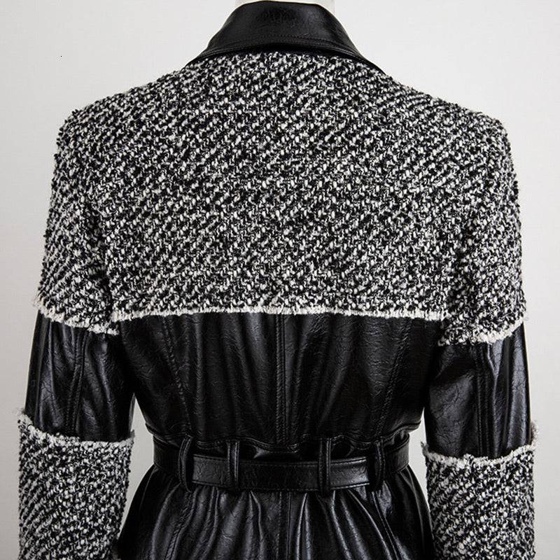 Pu Leather Trimmed Black And White Tweed Jacket